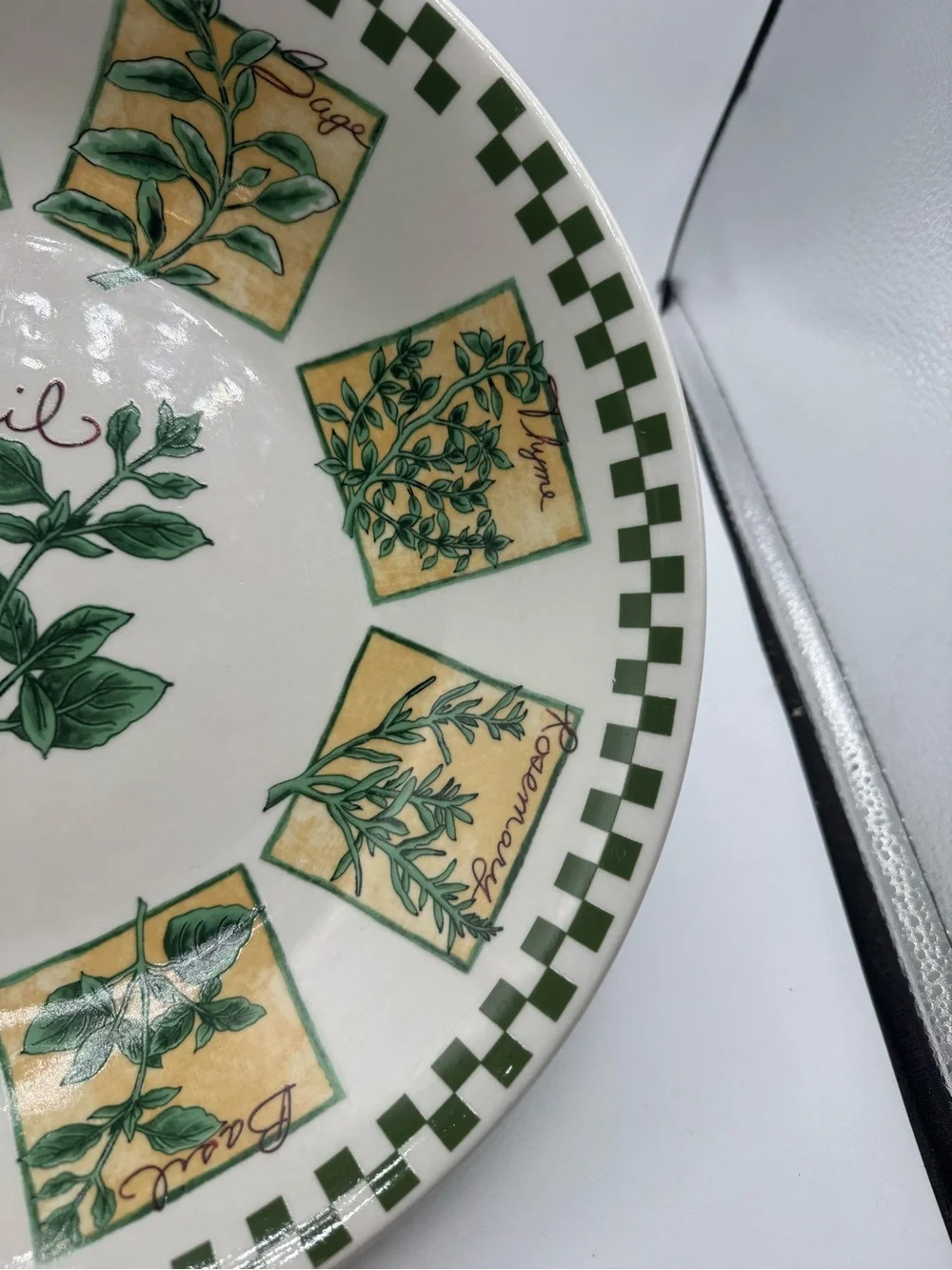 Large Green and White Pasta Bowl Different Herbs, Basil WCL 12 1/2”